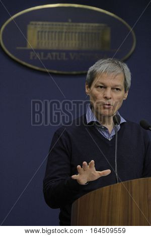 Romanian Prime Minister Dacian Ciolos holds a press conference after the first informal meeting of his cabinet at Victoria Palace in Bucharest capital of Romania Nov ember 21 2015.