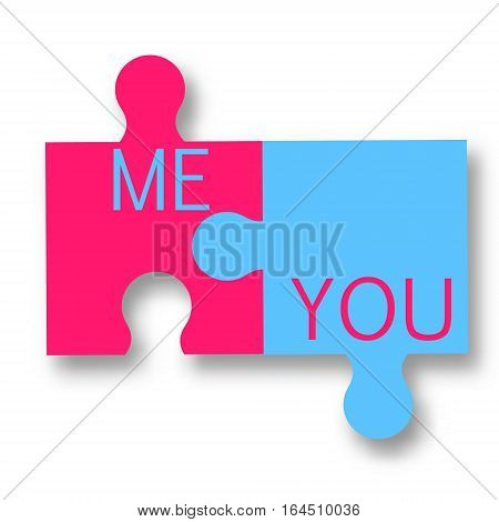 Pink and blue two puzzle pieces. You and me romantic vector illustration realtionship concept. Isolated design elements