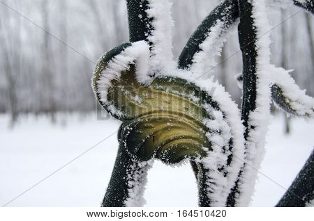 snow-covered garden grill fragment park in the background