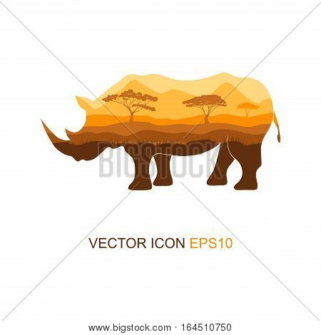 Vector illustration of a silhouette of a rhino on isolated white background. Rhinoceros side view profile. Silhouette of rhinoceros. Logo. Vector illustration.