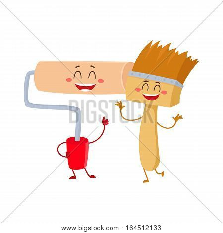 Funny smiling paint brush character and roller tool giving thumb up, cartoon vector illustration isolated on white background. Comic style paint roller and brush building tools, characters, mascots
