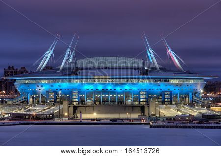 Saint-Petersburg Russia - December 28 2016: Zenit Arena new football Stadium in St. Petersburg for the Soccer World Cup lit up at night.