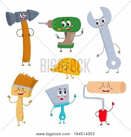Set of funny building tool characters - hammer, drill, wrench, helmet, paint brush, roller and trowel, cartoon vector illustration isolated on white background. Comic style building tool characters