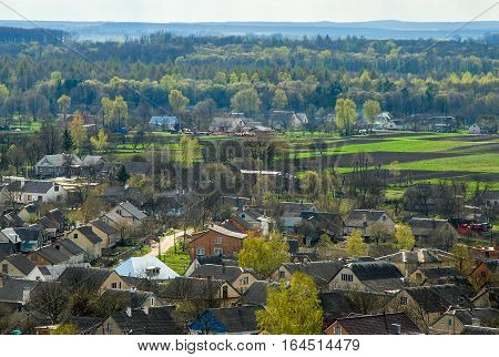 Aerial view at Pochayev town in the Ternopil Oblast (province) of western Ukraine