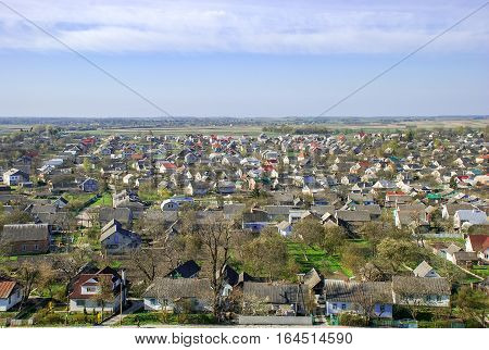 Aerial view at Pochayev town in the Ternopil Oblast (province) of western Ukraine