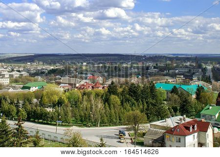 Aerial view at Pochayev town in the Ternopil Oblast (province) of western Ukraine
