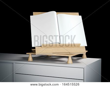 Wooden bookend with blank magazine on a white shelf. 3d rendering