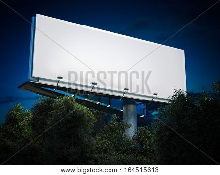 Blank billboard glowing at night in trees. 3d rendering