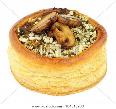 Mushroom and spinach filled vol au vent isolated on a white background