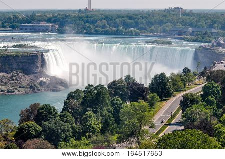 Aerial view at Niagara Falls waterfalls on the western bank of the Niagara River in the Golden Horseshoe region of Southern Ontario