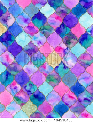 Quatrefoil. Background with hand-drawn eastern tiles. Ornate border or pattern for invitations birthday greeting cards wallpaper. Real watercolor illustration