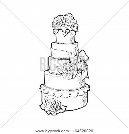 Traditional white tiered wedding cake decorated with marzipan roses, sketch style illustration isolated on white background. Layered wedding cake with five tiers, white icing and roses