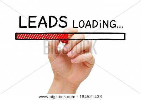 Hand drawing lead generation loading bar concept with marker on transparent wipe board.