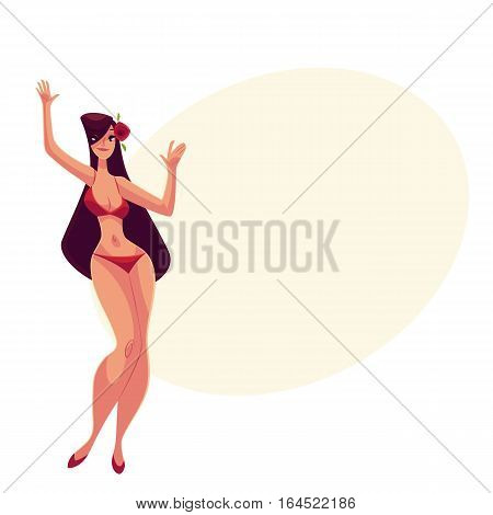 Young curvy woman, long black hair in red bikini dancing, cartoon style vector illustration isolatedon yellow background with place for text. Young and beautiful block haired girl dancing in bikini
