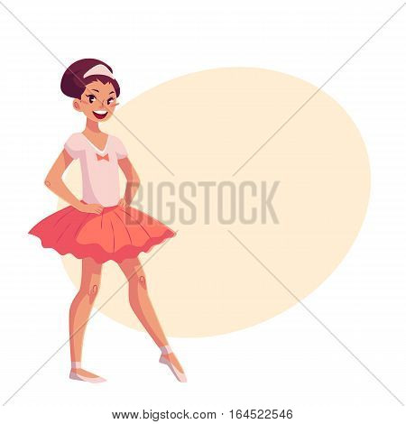 Full length portrait of little ballerina in pink tutu, hands on waist, cartoon style vector illustration on yellow background with place for text. Little ballet dancer in pink tutu pointed toe