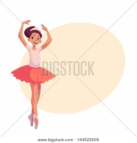 Little ballerina in pink tutu standing on toes, cartoon style vector illustration on yellow background with place for text. Little ballet dancer in pink tutu, classical, sixth position, toe stand