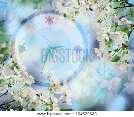 Spring dream of nature. Clock in cherry blossoms. Concept. Spring time. Blooming spring background. The awakening after the winter cold. Beautiful colors of a new life. Morning. Dawn. End of winter sleep.