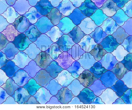 Quatrefoil. Background with hand-drawn eastern tiles. Ornate border or pattern for invitations birthday greeting cards wallpaper. Real watercolor illustration