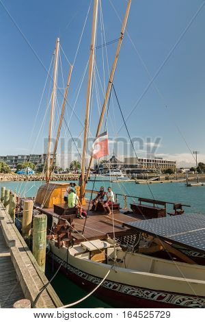 NAPIER HAWKES BAY NEW ZEALAND - APRIL 2 2013: Traditional Maori or Polynesian waka Te Matua a Maui docked in Ahuriri harbour a replica of the vessels that brought people to New Zealand