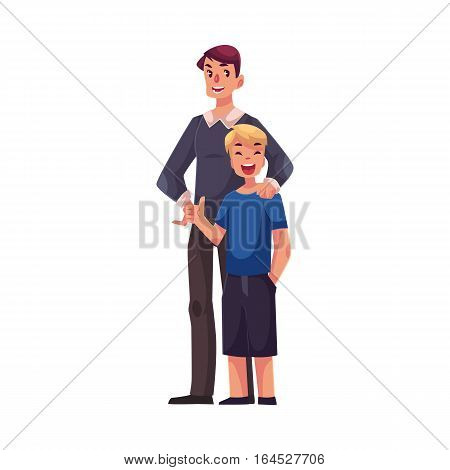 Full length portrait of happy father and son standing together, cartoon vector illustration isolated on white background. Teenage boy showing thumb up standing together with his dad, happy and smiling