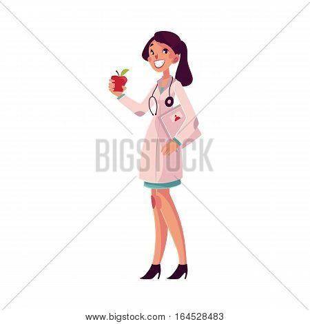 Glad, smiling female dietitian holding weigh scales and apple, cartoon vector illustration isolated on white background. Female dietician, nutrition, dieting expert, health care professional