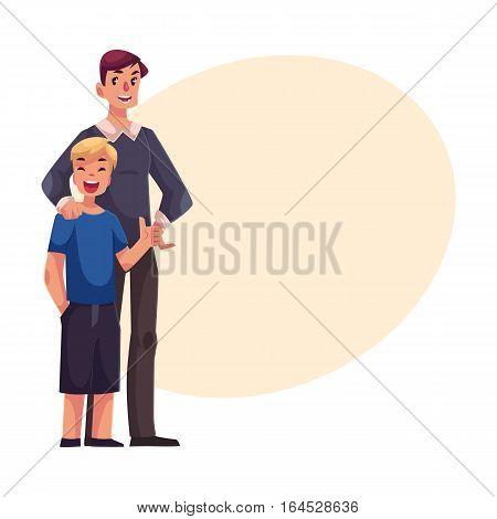 Full length portrait of happy father and son standing together, cartoon vector on background with place for text. Teenage boy showing thumb up standing together with his dad, happy and smiling