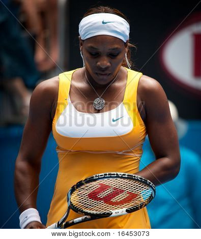 MELBOURNE, Australien - 23 januar: Serena Williams i sin tredje runde match mod Carla Suarez