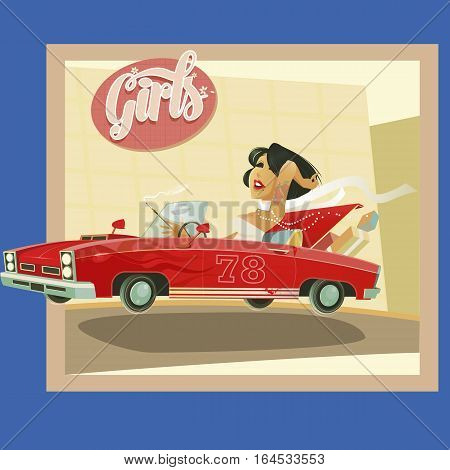 Woman driving a red cabriolet with bon voyage title cartoon