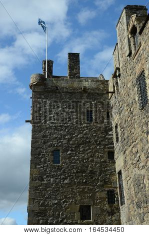 A view of the tower and saltire at Elcho castle
