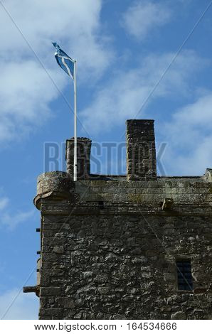 A view of the tower and saltire at Elcho castle