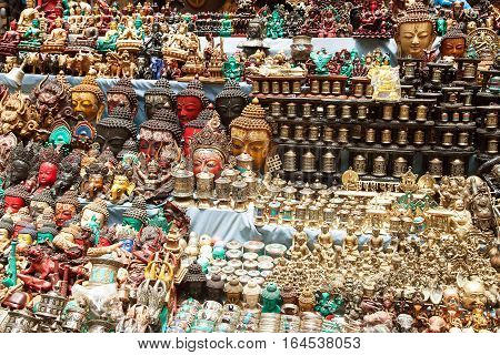 KATHMANDU NEPAL 16th APRIL 2016 - Typical bronze nepalese souvenirs which are selling in kathmandu city capital of Nepal