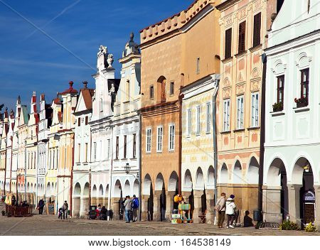TELC CZECH REPUBLIC 28TH AUGUST 2015 - View from Telc town square with renaissance and baroque colorful houses UNESCO town in Czech Republic