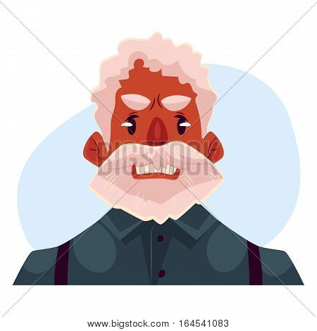 Grey haired old african man face, angry facial expression cartoon vector on blue background. Old black man, grandfather frowns, feeling distresses, frustrated, sullen, upset. Angry face expression