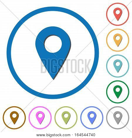 Blank GPS map location pin flat color vector icons with shadows in round outlines on white background
