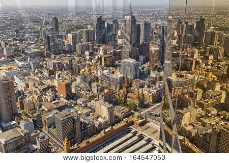 Melbourne Australia - February 2015: View from Eureka Tower observation deck (Eureka Skydeck 88) the highest public vantage point in a building in the Southern Hemisphere. Eureka Tower is designed by Fender Katsalidis Architects (FKA)