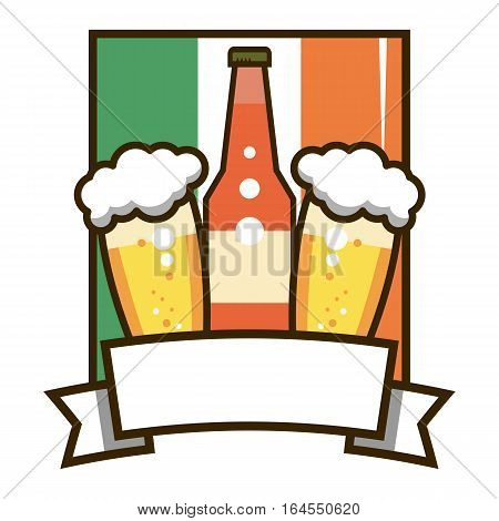 Label Irish beer. Bottle and two glasses. Vector illustration isolated on white background.