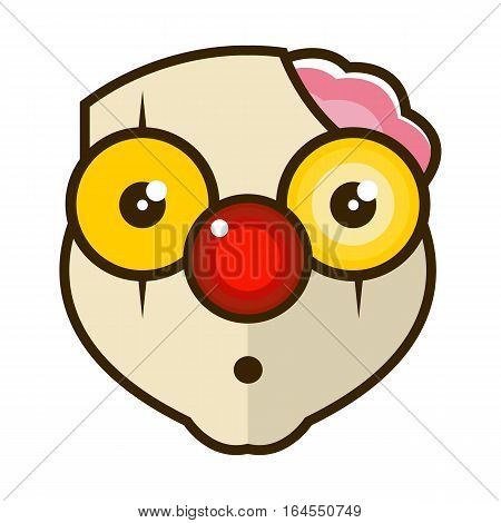 Head of a sad clown with a broken head and protruding brain. Vector illustration isolated on white background.
