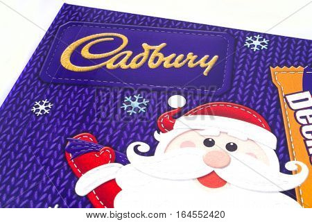 LONDON UK - JANUARY 4TH 2017: A close-up shot of the Cadbury logo on one of their Christmas selection boxes on 4th January 2017.