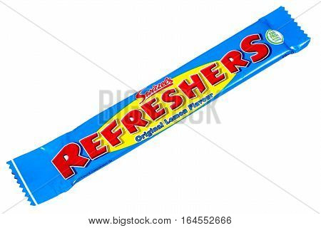 LONDON UK - JANUARY 4TH 2017: A studio shot of a Lemon flavour Refreshers Chewy Bar over a plain white background on 4th January 2017. The product is made by the Swizzels Matlow company.