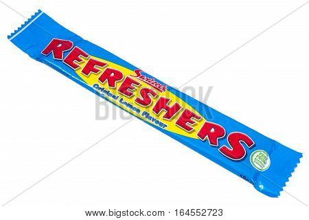 LONDON UK - JANUARY 4TH 2017: A studio shot of a Lemon flavour Refreshers Chewy Bar over a plain white background on 4th January 2017. The product is made by the Swizzels Matlow company.