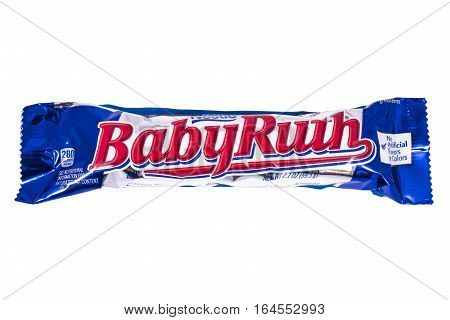 LONDON UK - JANUARY 4TH 2017: A studio shot of a Baby Ruth chocolate bar isolated over a plain white background on 4th January 2017. The product is manufactured by Swiss company Nestle.