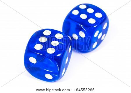 Two blue dice isolated over a plain white background.