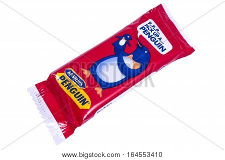 LONDON UK - JANUARY 4TH 2017: An unopened Penguin chocolate biscuit bar manufactured by McVities pictured over a plain white background on 4th January 2017.