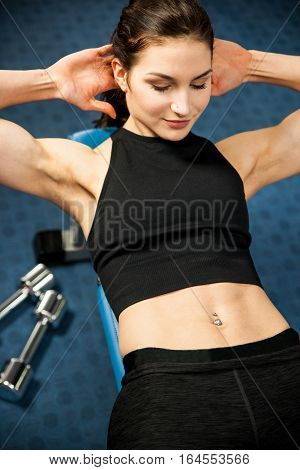 Attractive Fit Woamn Working Out Abs In Fitness Gym, Making Ab Intervals
