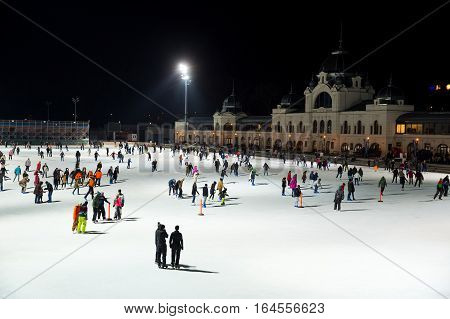 BUDAPEST HUNGARY - JANUARY 08 2017: City Park ice rink in Budapest Hungary. Europe largest outdoor ice rink