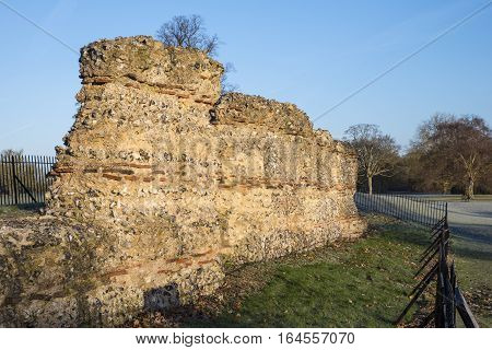 Ruins of part of the Roman Wall of St. Albans located in Verulamium Park. The wall was built to defend the Roman city of Verulamium.
