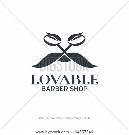 Barber shop logo design. Scissors and moustache shaped vector icon.