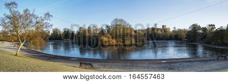 A panoramic view of Verulamium Park in the historic city of St. Albans England. The impressive St. Albans Cathedral can be seen in the distance.
