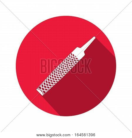 Tool icon. Chisel, rasp file, grater instrument. Industrial, fixing, support hardware service symbol. White sign on round red flat button. Vector