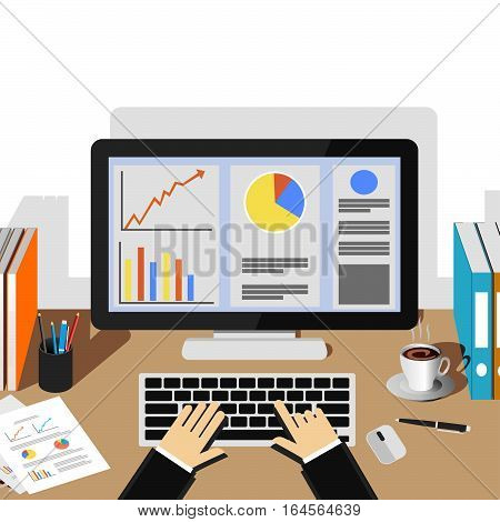 Businessman working with desktop. Business analysis and evaluation concept illustration. Flat design illustration concepts for business growth management business statistics monitoring workplace.